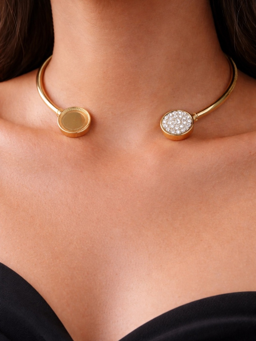 Gold Tone Rhinestone Choker Necklace Minimalist Open Collar